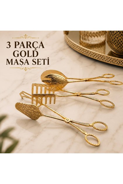 Lüks Gold Servis Salata Makarna 3lü Maşa sunum seti