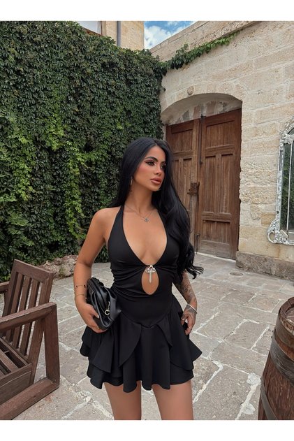 Black Flounce Dress with Chest Accessories