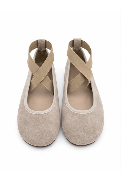 Women's Beige Suede Cross-Strapped Ballerina Shoes Comfortable Daily Shoes Velron