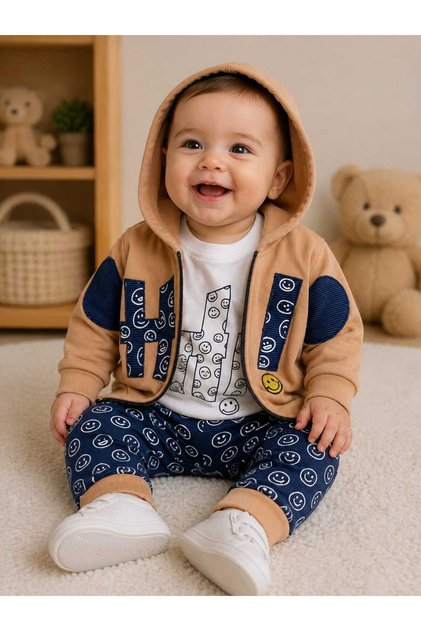 Baby Boy Hi Smile Patterned Hooded Jacket 3-Piece Seasonal Cotton Set