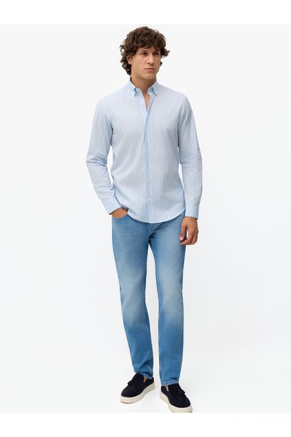 Mavi %100 Pamuk Çizgi Desenli Slim Fit Gömlek