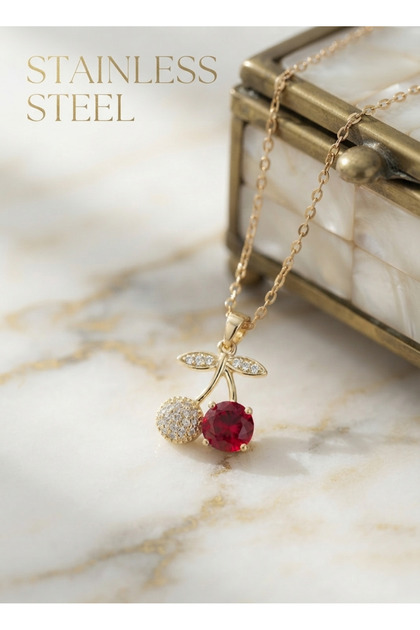 316L Steel Chain Gold Color Cherry Model Zircon Stone Necklace