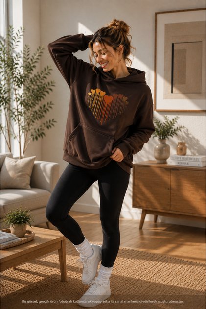 Women's Melting Hearts Printed Hooded Kangaroo Pocket Cotton Casual Sweatshirt