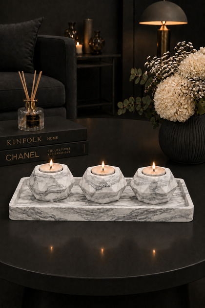 Beton Mum Seti 4 Parça Tepsili 3'lü Mumluk Tealight Şamdan Mumlar Dahil Masaüstü Aksesuar Biblo Dekoratif