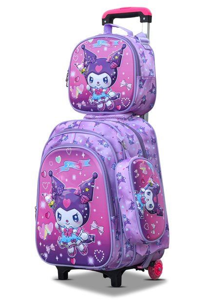Kuromi Kids 3 Pcs Set (Trolly School Bag, Lunch Bag, Pencil Pouch) Rolling Backpack with Wheels, Convertible, Large Capacity, Side Pockets