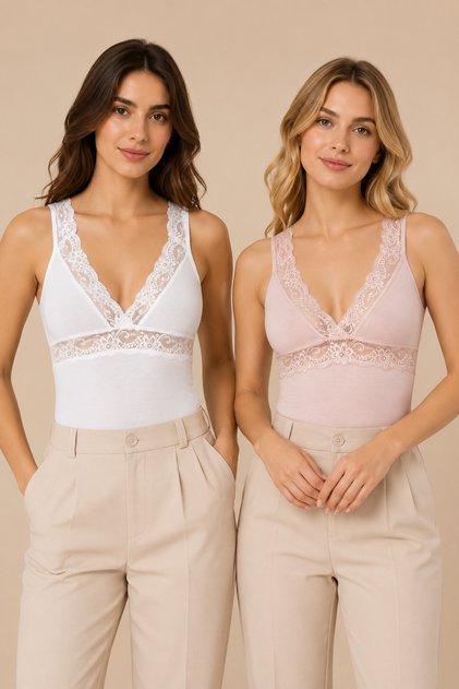 Women's 2-Piece Lace Detailed V-Neck Modal Cotton Flexible Undershirt White-Powder