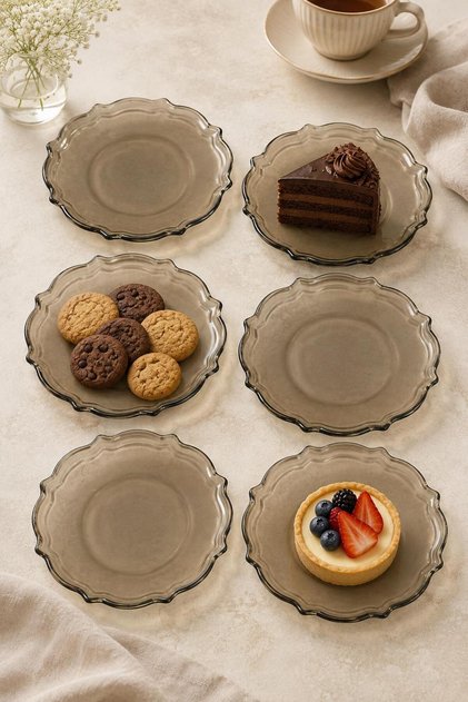 6-Piece Glass Cake and Pastry Plate Set - Smoked Color Luxury Cake and Dessert Tea Time Set (16cm)