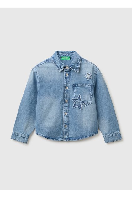 Girl's Light Denim Star Emblem Detailed Denim Shirt
