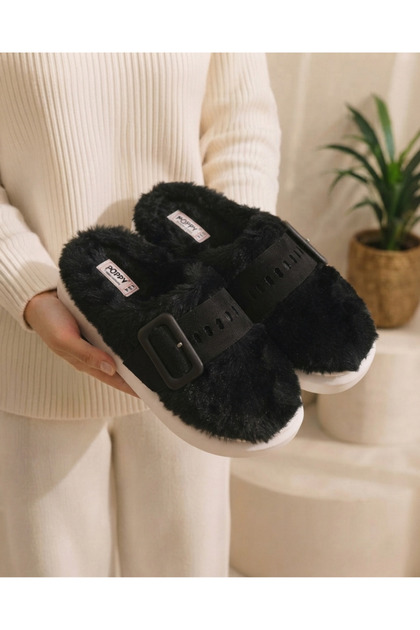 Women's furry fluffy buckle home slippers warm comfortable winter plush slippers