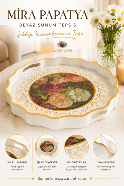 Mira Papatya White Presentation Tray 38 cm Gold Detailed Floral Patterned Serving Tray with Handles