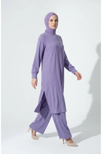 Aerobin Fabric Button Detailed Hijab Double Set 4150-06 Light Lilac