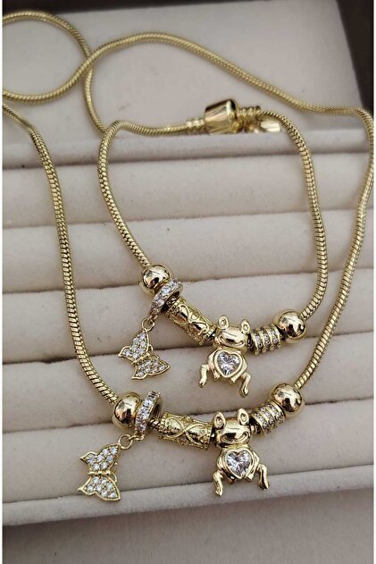 SET BRITNY LANT SI BRATARA BROSCUTA CU CHARMURI ,OTEL INOXIDABIL PLACAT CU AUR 14 K