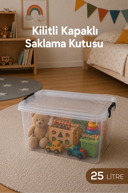 25 Liter Transparent Toy Box, Lockable Lid, Kids' Room Organizer, Stationery Organizer