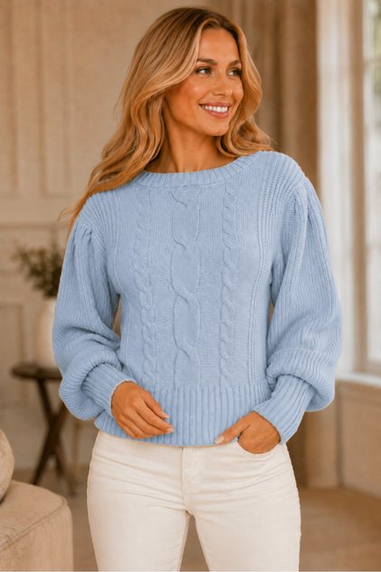 Pulover elegant pentru femei, cu gât turnat, cu mâneci bufante, cu împletitură de păr, scurt, cu nervuri late, albastru baby