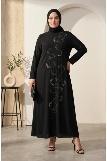 Plus Size Stone Embellished Hijab Evening Dress 6385-03 Black