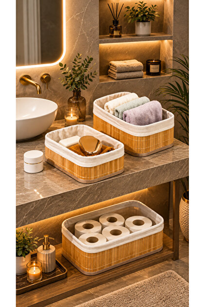 3-Piece Bamboo Basket Set, Decorative Organizer with Fabric Lining, Bathroom Kitchen Storage Basket