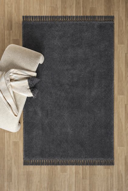 Örgü Saçaklı Peluş Kaymaz Taban Yıkanabilir Yumuşak Salon Yatak Odası Halısı Kilim Antrasit