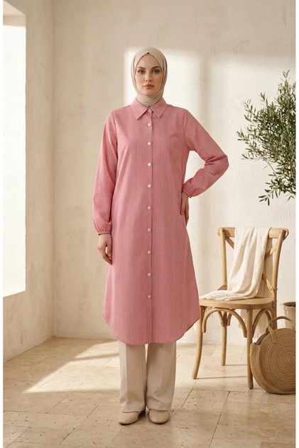 Buttoned Striped Long Tunic Shirt 0359-03 Red