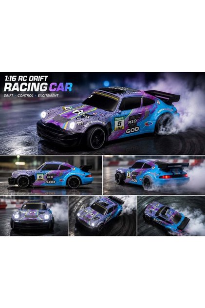 1:24 4WD RC Drift Racing Car with 2.4GHz Remote Control, LED Lights, Replaceable Tires - Blue