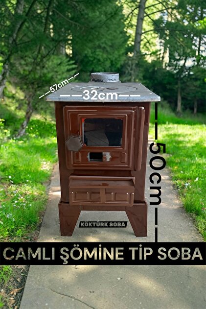 Köktürk Camlı Emaye Döküm Soba - Ateş Tuğlalı Mini Kamp & Balkon Şömine Sobası