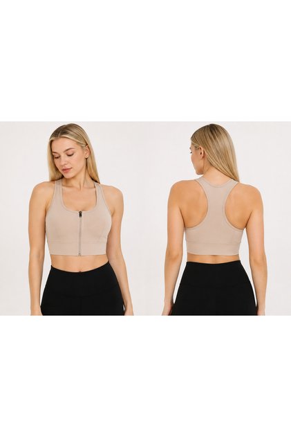Women's Zippered Sports Bustier with Cross Back Support Fitness Yoga Pilates Crop Top