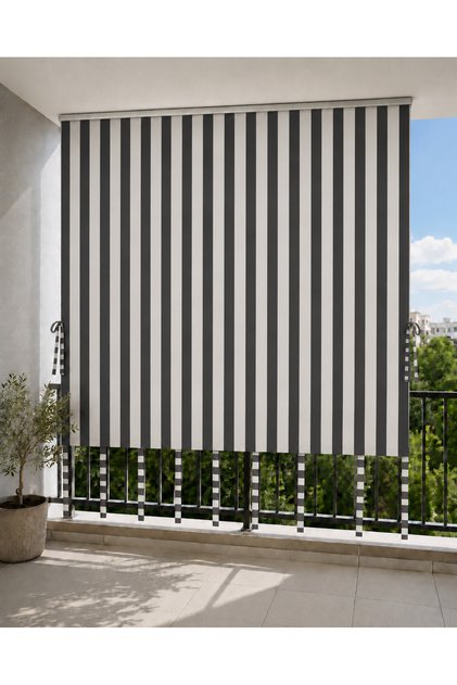 Gray White Balcony Curtain with Top Cornice, Lace-Up, Sun and Wind Protection Outdoor Curtain