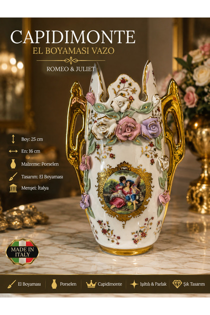 Capodimonte Porselen El Boyaması Romeo & Juliet Gold Detaylı Vazo 25 cm koleksiyonluk