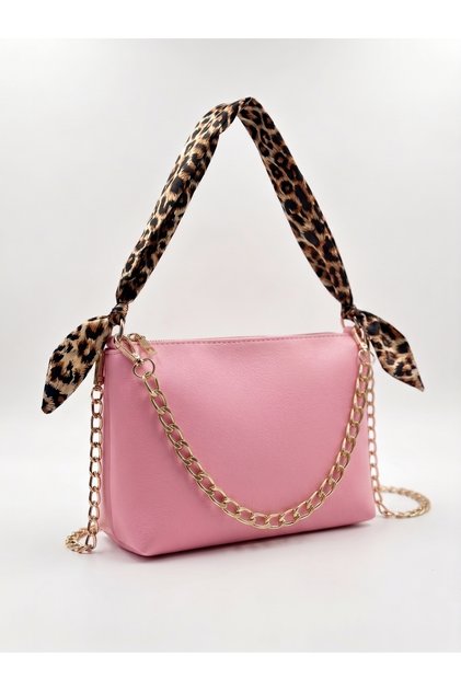 Women's Candy Pink Scarf and Chain Detailed Shoulder Bag Crossbody Zippered Baguette Handbag and Handbag