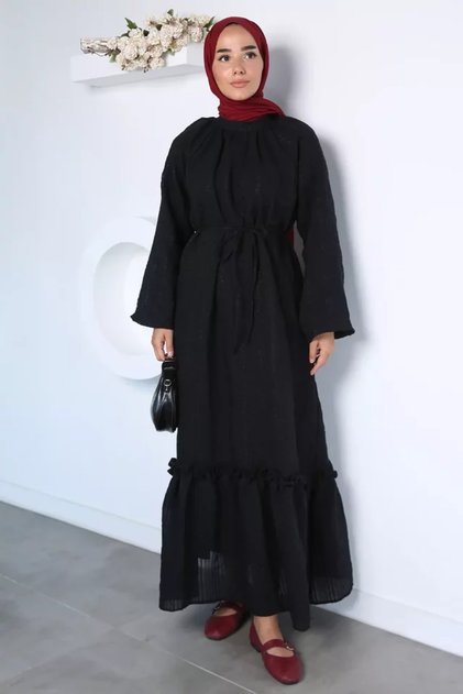Self-patterned waist-tied hijab dress
