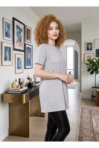 Women's Gray Short Sleeve Cotton Crew Neck Combed Cotton Tunic-Undershirt Ysf-1