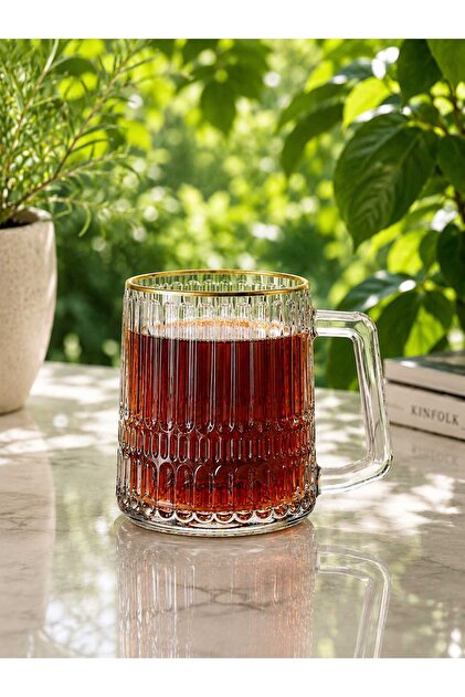 6'lı Altın Yaldız Kenarlı Çizgili Cam Kupa Seti 180 ml - Kulplu Çay-Türk kahvesi, espresso, filtre kahve, soğuk kahve ve meşrubat ikramları Ve Kahve Bardağı