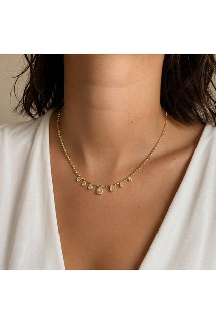 Boncuk Zincirli Zarif Gold 14K Rodyum Kaplama Sıra Damla Taşlı Kolye