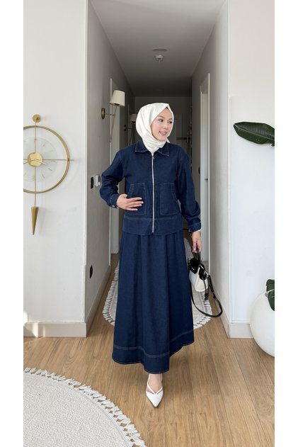 Women's Jeans Suit with Pockets, Zippered Jacket and Elastic Waist