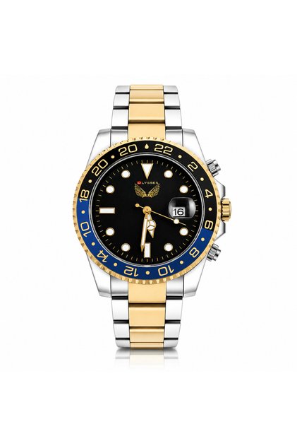 Ceas Bărbătesc Quartz cu Brățară Metalică Argintiu-Gold și Bezel Rotativ – Cadran Negru cu Accente Aurii și Albastre