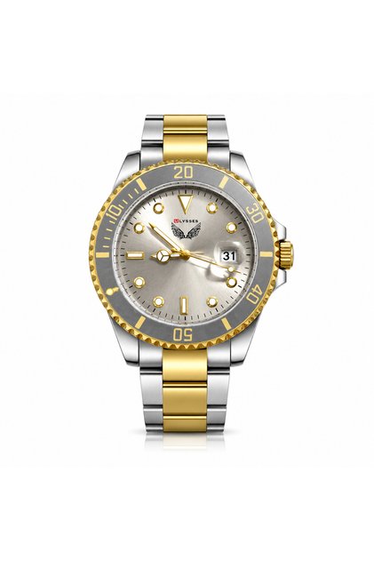 Ceas Bărbătesc Quartz cu Brățară Metalică Argintiu-Gold și Bezel Rotativ – Cadran Gri cu Accente Aurii