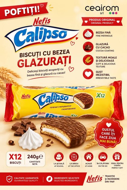 Calipso Biscuiți cu Bezea și Glazură de Cacao 240 g 12 Biscuiti