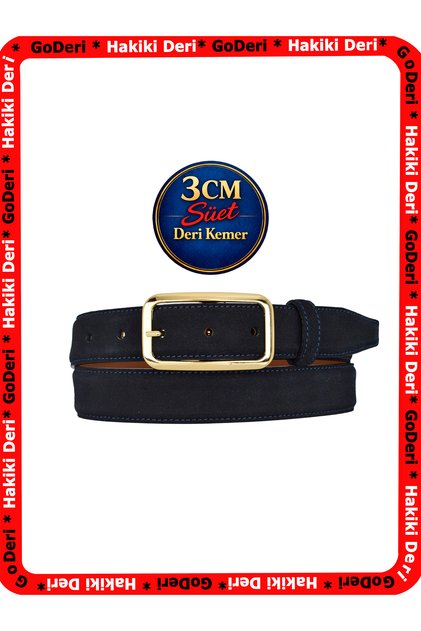 Genuine Leather, 3 cm Gold Color Rectangular Buckle, Navy Blue Suede, Stitched Classic Women's Belt, 3Cmkla50