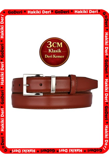 Genuine Leather, 3 cm Silver Color Buckle, Red Tan, Stitched Classic Women's Belt, 3Cmkla48