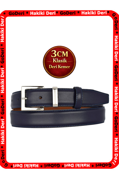 Genuine Leather, 3 cm Silver Color Buckle, Navy Blue, Stitched Classic Women's Belt, 3Cmkla48