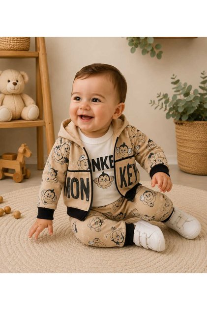 Baby Boy Monkey Patterned Hooded Zippered Jacket 3-Piece Seasonal Cotton Set