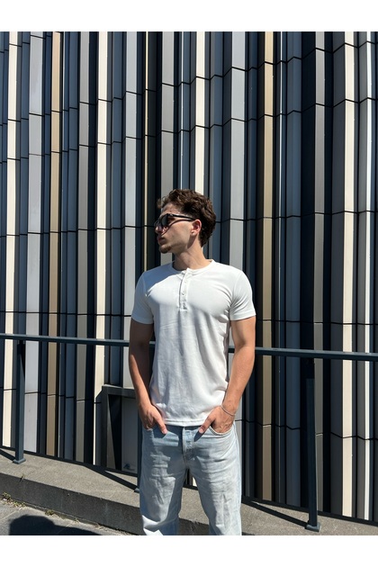Henley Yaka Tişört Beyaz | Modal Kumaş Likralı Erkek Tişört