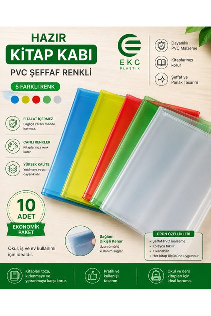 Hazır Kitap Kabı 10 Adet – Şeffaf Renkli PVC Kitap Defter Koruyucu Kaplık Karışık Renk
