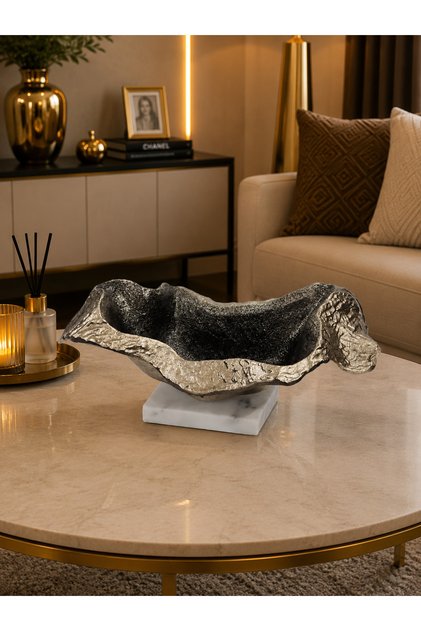 Dalga Formlu Pirinç Dekoratif Gondol – Mermer Kaideli Siyah Gold Sunumluk 17x23x43CM