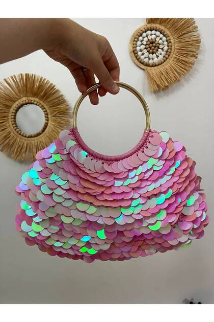 Designer Handmade Pink Sequined Women's Handbag – Vip Design Round Handle Stylish Evening Dress Event and Evening Bag