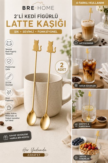 2'li Latte Kaşığı 22 cm Uzun Saplı Kahve Karıştırma Kaşığı Paslanmaz Çelik