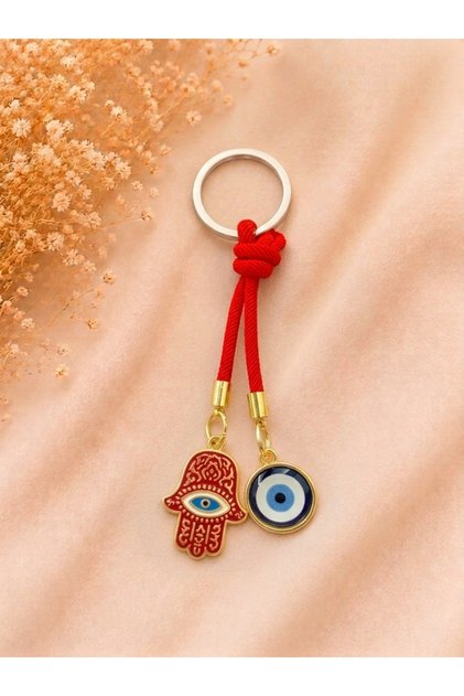 Red String Fatima's Hand Metal Keychain, Luck Keychain, Metal Evil Eye Keychain Bag Accessory