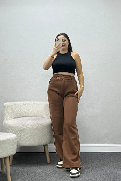 Women's 3 Thread Ribbed Sweatpants Brown