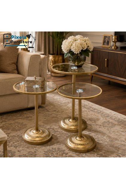 Bekas Furniture 3-Piece Serving Table Set with Heat Resistant Glass Top and Metal Base in a Modern Design