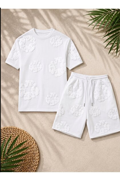 MOODA Oversize Unisex Şort Tişört Takım - 3D Puff Kabartma Baskılı Çiçek Desenli