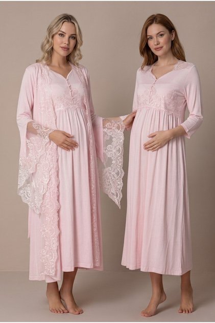 Women's Powder Flounce-Sleeved, Lace-Trimmed, Long-Sleeved Maternity Nightgown Set with Easy Breastfeeding Feature